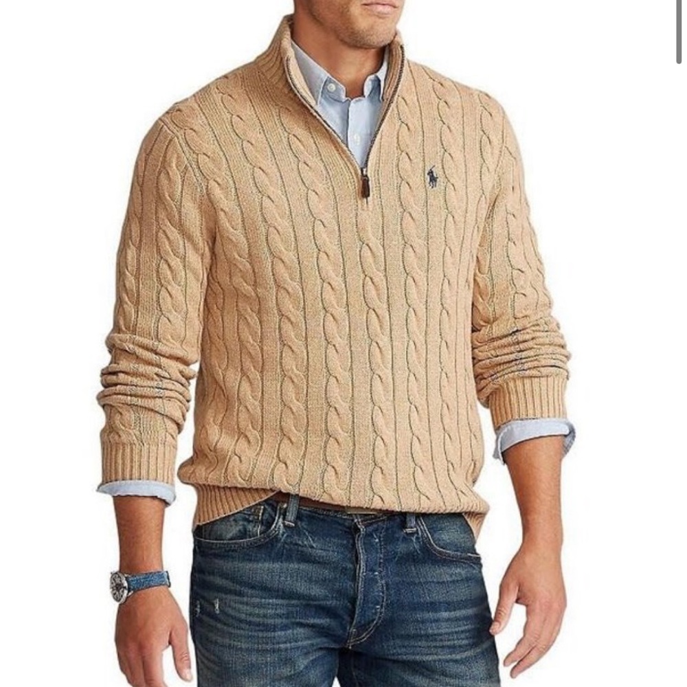 Polo Ralph Lauren Cable Knit Cotton Quarter Zip Sweater Tan Size XL